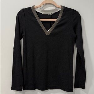 Fabiana Filippi Black Long Sleeve V-Neck Top with Silver Sparkle Trim, NWT $625!